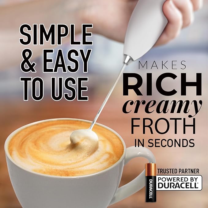 Zulay Kitchen Milk Frother Handheld Electric Whisk with AA Duracell Batteries – Durable Drink Mixer for Coffee, Lattes, Cappuccinos & More - White
