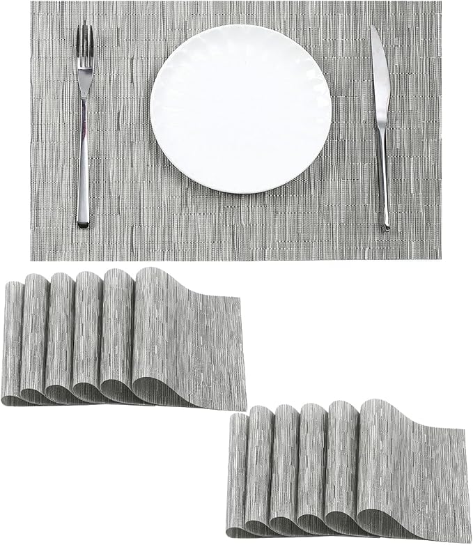 Leetaltree Silver Placemats Set of 12 - Heat Resistant Non-Slip Place mats for Dining Table, Washable Durable PVC Vinyl Woven Table Mats（Sliver, 12）