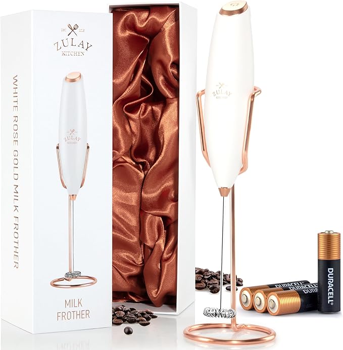 Zulay Kitchen Executive Series Luxury Gift Milk Frother with 4 Duracell Batteries – Handheld Electric Foam Maker for Coffee, Lattes & Hot Chocolate – Deluxe Finish, Ultimate Gift for Coffee Lovers