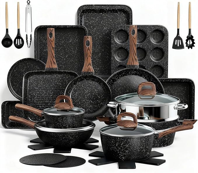 Pots and Pans Set Non Stick, 31 Piece Kitchen Induction Cookware & Bakeware Set, Nonstick Kitchen Cooking Pans Set with Frying Pans Set Grill Pan Saucepan Baking Sheet & Utensils, PFOA Free