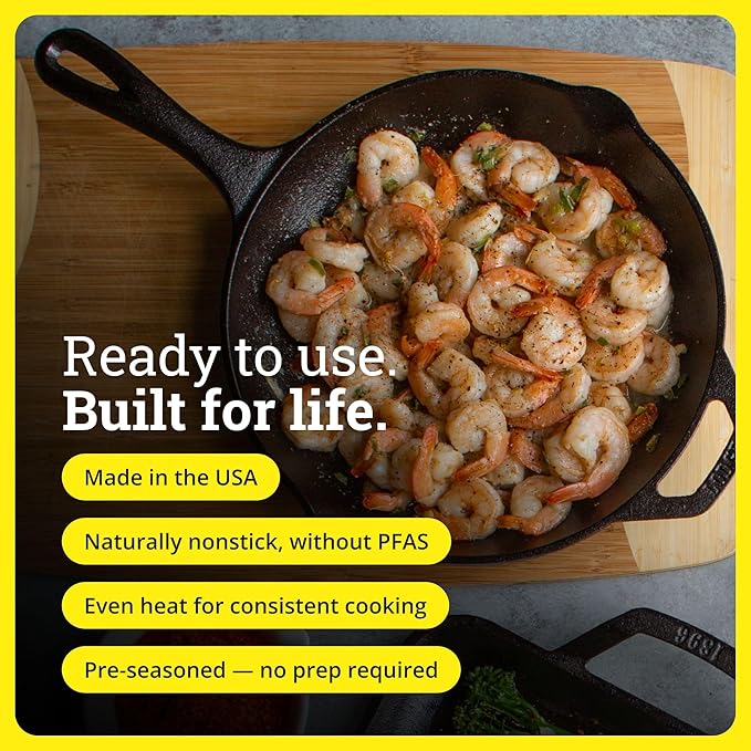 Lodge Seasoned Cast Iron Skillet - PFAS-Free, Non-Toxic Cookware - Use with an Oven, Stove, Grill, or Campfire - Naturally Non-Stick & Oven Safe - 10.25 Inches