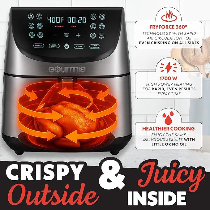 Gourmia Air Fryer - 8 Qt Extra Large Capacity, FryForce360º, Digital Display with 12 Presets, Roast, Bake, Broil, Dehydrate, Dishwasher Safe Accessories, Stainless Steel