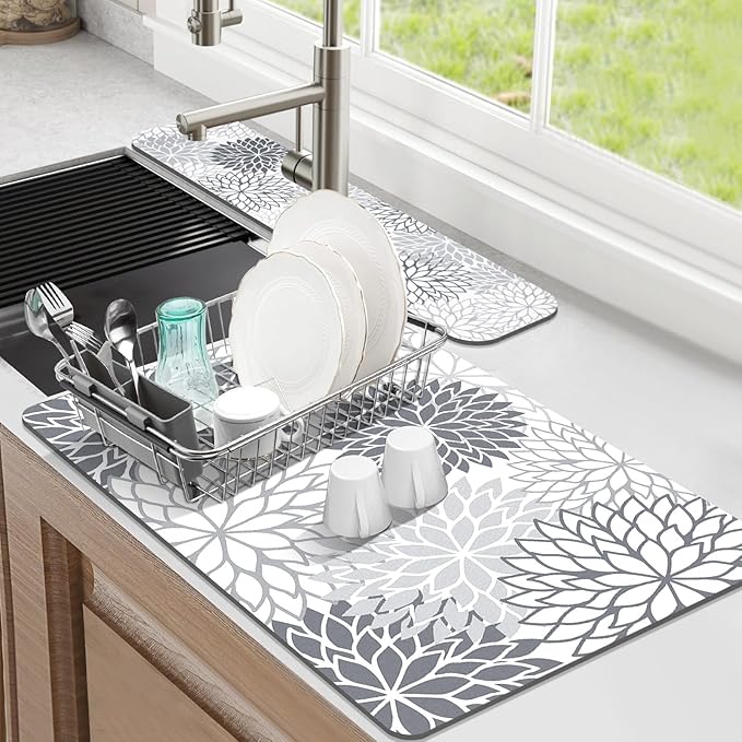 Findosom 2PCS 16" x 24" Dish Drying Mat & 24" x 5.5" Sink Splash Guard, Super Absorbent & Cuttable Dish Mat Drying Kitchen Mat with Gray Floral, Hide Stain Drying Mat for Kitchen Counter