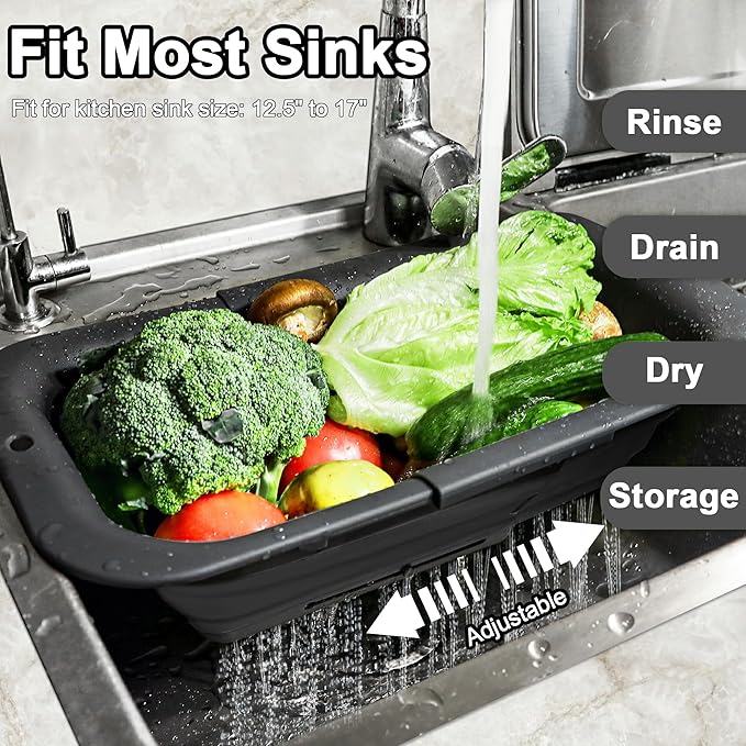 ROTTOGOON 7Qt Collapsible Colander Strainer, Expandable Over the Sink Colander, Adjustable Silicone Kitchen Sink Strainer, Foldable Large Colanders Basket to Wash Vegetable, Fruit, 15" to 19", Black