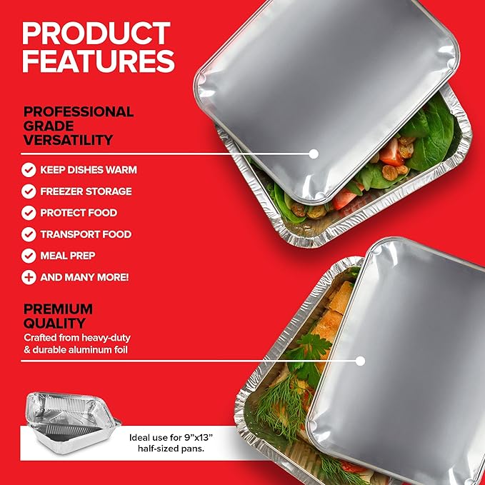 Stock Your Home 9x13 Disposable Baking Pan Covers (25 Pack) Heavy-Duty Aluminum Cake Pans Lids, Sturdy, Sealable Covers for Food Containers, Leak-Free + Safe Transport & Storage For Catering