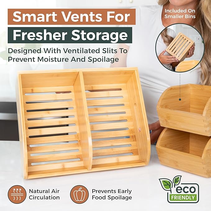 Potato and Onion Storage Bin for Pantry and Kitchen Counter - Ventilated Stackable Bamboo Organizer Baskets with Handles - Multipurpose Organization Containers for Fruit, Vegetable, Pantry - 3 Pack