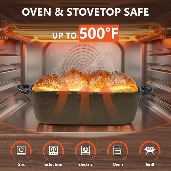 9.5×5 Inch Cast Iron Loaf Pan - Pre-Seasoned Sourdough Bread Baking Pan, Even Heat Distribution for Homemade Bread