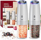 CIRCLE JOY Gravity Electric Salt and Pepper Grinder Set with 2-Speed, Rechargeable Salt and Pepper Grinder Set, Adjustable Coarseness, Whiet LED Light