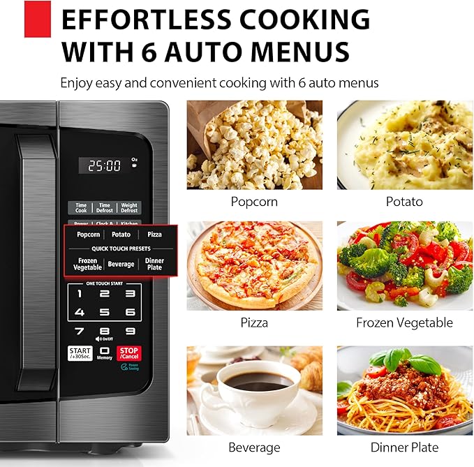 TOSHIBA ML-EM09PA(BS) Small Microwave Oven with 6 Auto Menus, Mute Function & Child Lock, LED Lighting, Perfect for Apartment, 0.9 Cu Ft, 10.6 Inch Removable Turntable, 900W, Black Stainless Steel