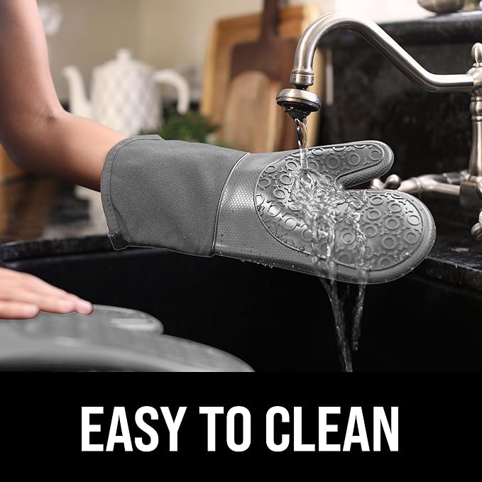 BPA-Free Soft Silicone Oven Mitts - Ultra Heat Resistant Oven Mitts with Thick Cotton Liner - Long Slip Resistant Pot Holders, Flexible Oven Gloves - Gray 13.7"