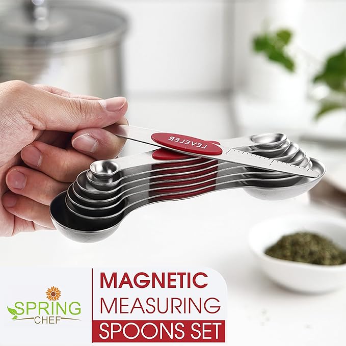 Spring Chef Red Stainless Steel Magnetic Measuring Spoons Set of 8 with Leveler, Dual Sided Nesting Teaspoon & Tablespoon Measuring Spoons, Kitchen Gadgets for Baking & Cooking, Fits in Spice Jars