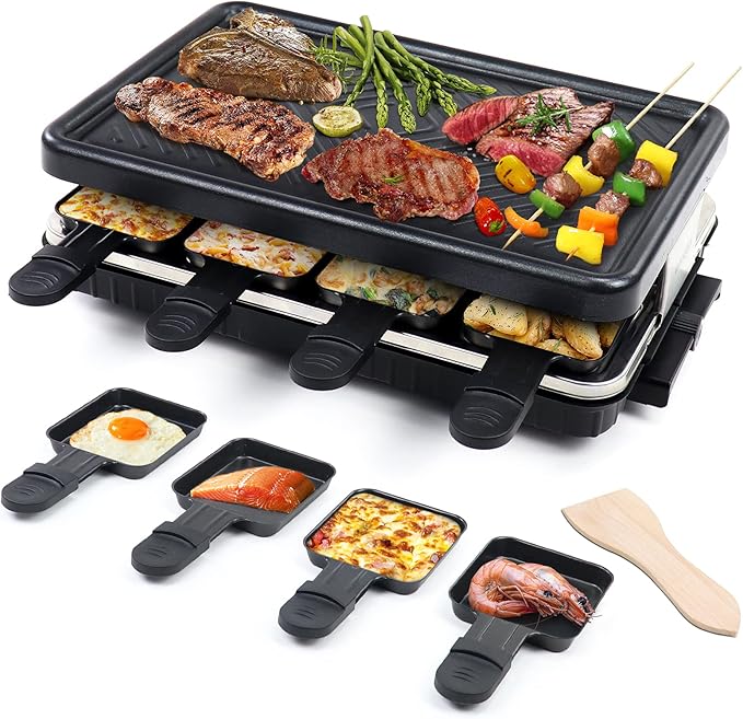 Electric Raclette Grill & Korean BBQ - 8 Non-Stick Cheese Trays, 1300W with Temperature Control, Dishwasher-Safe Indoor Grill for Family Gatherings & Interactive Dinner Parties