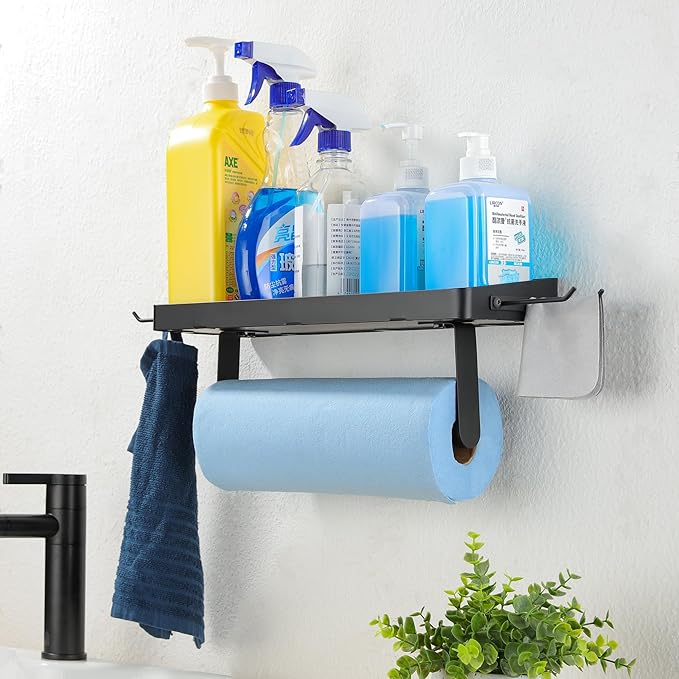 ZUNTO Garage Paper Towel Holder with Shelf, Black Stainless Steel Paper Towel Rack with Hooks, Wall Mount Paper Towel Holder for Kitchen, Garage Organization and Storage
