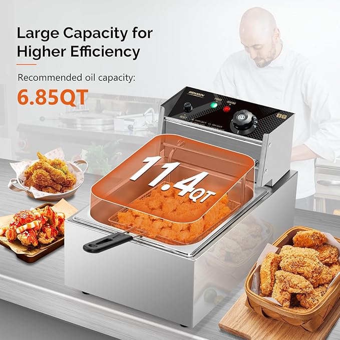 ROVSUN 11.4QT Electric Deep Fryer with Basket & Lid, 1700W Commercial Deep Fryer w/Adjustable Temperature Stainless Steel French Fryer for Home and Commercial Kitchens