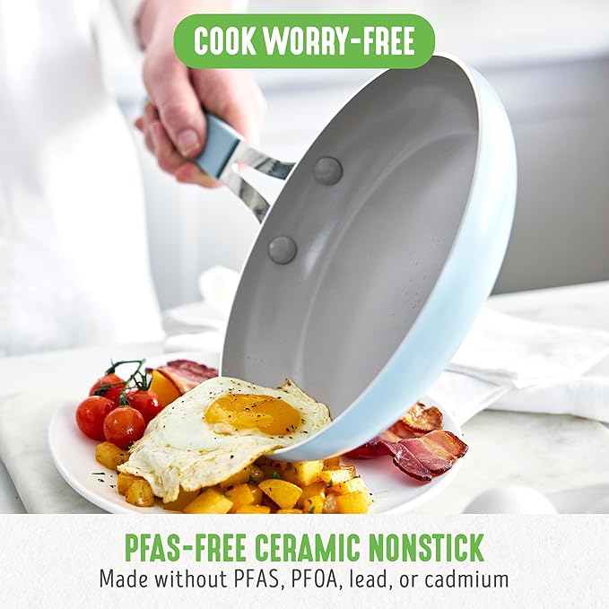 GreenLife 10-Piece Nonstick Ceramic Cookware Set, Lightweight Healthy PFAS-Free Pots & Pans with Lids, Dishwasher & Oven Safe, Durable Body, Silicone Stay-Cool Handles, Easy Release, Blue Haze