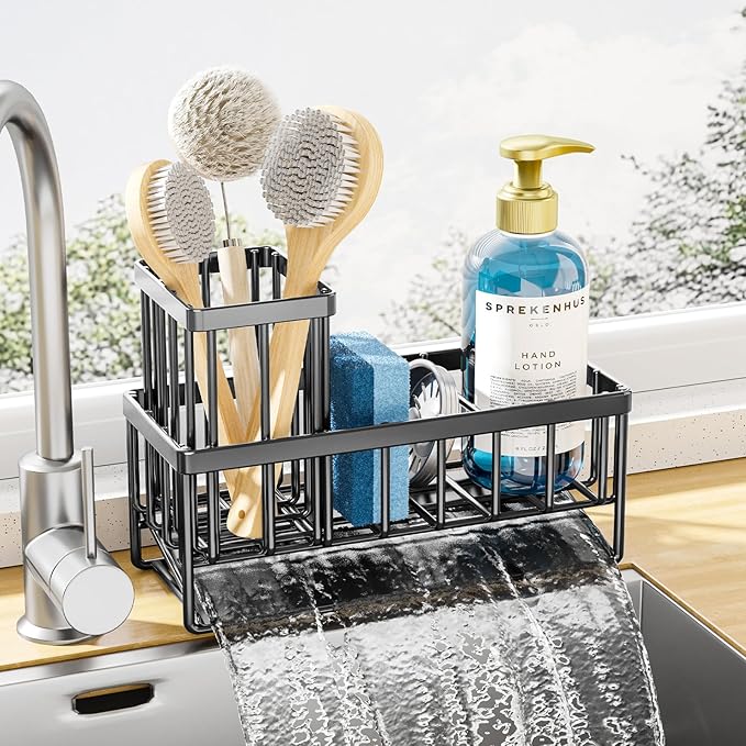 Kitsure Sponge Holder for Kitchen Sink - Rustproof Stainless Steel Sink Caddy Organization and Storage Essentials with High Brush Holder, Home Decor Accessories, 7.9" x 3.7" x 6.2", Black