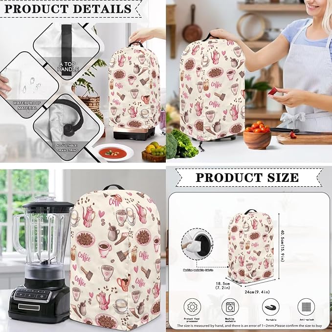 Pink Coffee Theme Kitchen Appliance Covers Set Toaster Cover 2 Slice Food Processor Hood Crock Pot Dust Cover with Side Pockets Machine Washable 3PCS