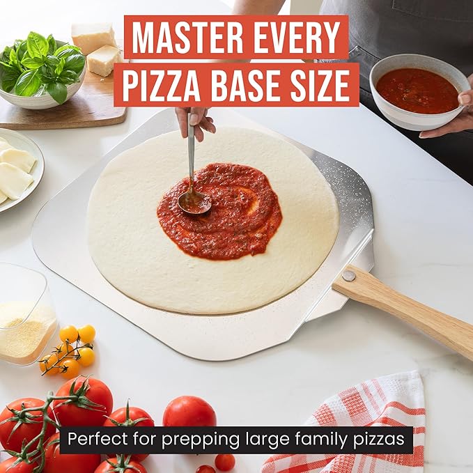 Chef Pomodoro Aluminum Metal Pizza Peel with Foldable Wood Handle for Easy Storage, Pizza Spatula, Gourmet Luxury Pizza Paddle for Baking Homemade Pizza Bread (18 x 20 inch)