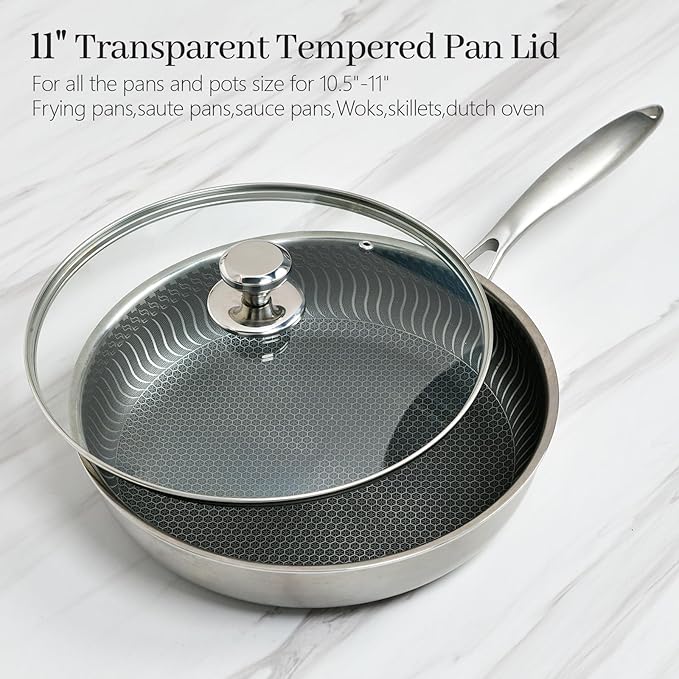 11 In Glass Lid for Frying Pan, Tempered Replacement Cover Compatible with All 11" Cookware for Skillets, Round Cast Iron, Cast Aluminium, Stainless Steel Pans &Pots, 10.8in/ 276mm - 11.2in/292mm