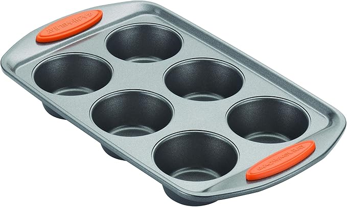 Rachael Ray Yum-o! Nonstick Bakeware Oven Lovin’ Cups Muffin Pan, 6-Cup, Gray with Orange Handles