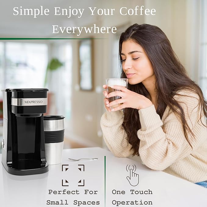 Mixpresso Black Personal Single Serve Coffee Maker with 14oz Travel Mug, Drip Small Coffee Maker with Auto Shut Off, Reusable Filter, Works with Ground Coffee Only – Not for K-Cup Pods