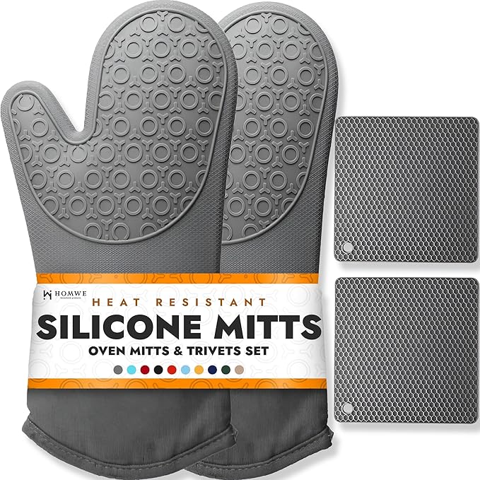 HOMWE Silicone Oven Mitts and Pot Holders, 4-Piece Set, Heavy Duty Cooking Gloves, Kitchen Counter Safe Trivet Mats, Advanced Heat Resistance, Non-Slip Textured Grip, Gray