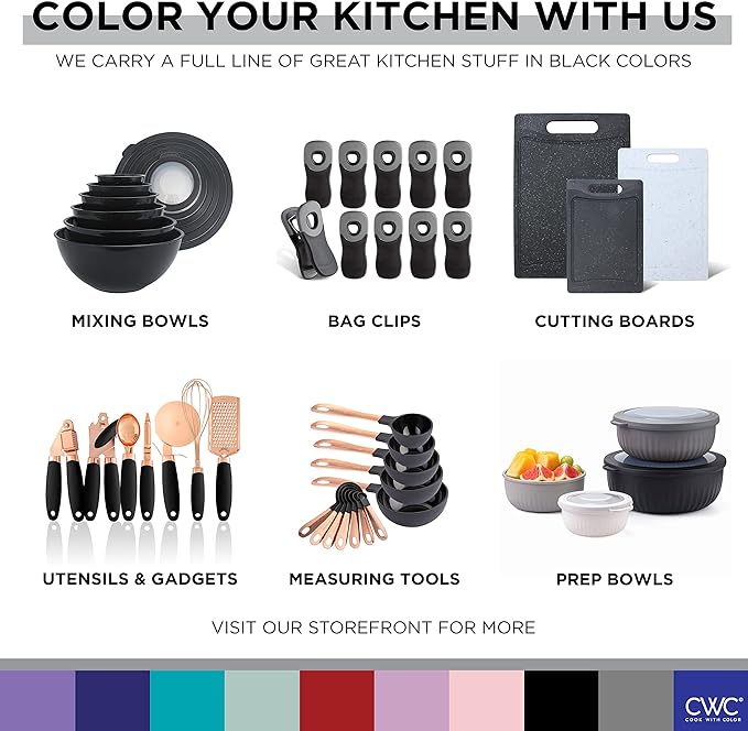 COOK WITH COLOR Prep Bowls with Lids- Wide and Deep Nesting Plastic Small Mixing Bowl Set with Lids, 12 Piece Set - Deep Bowls, Black/White