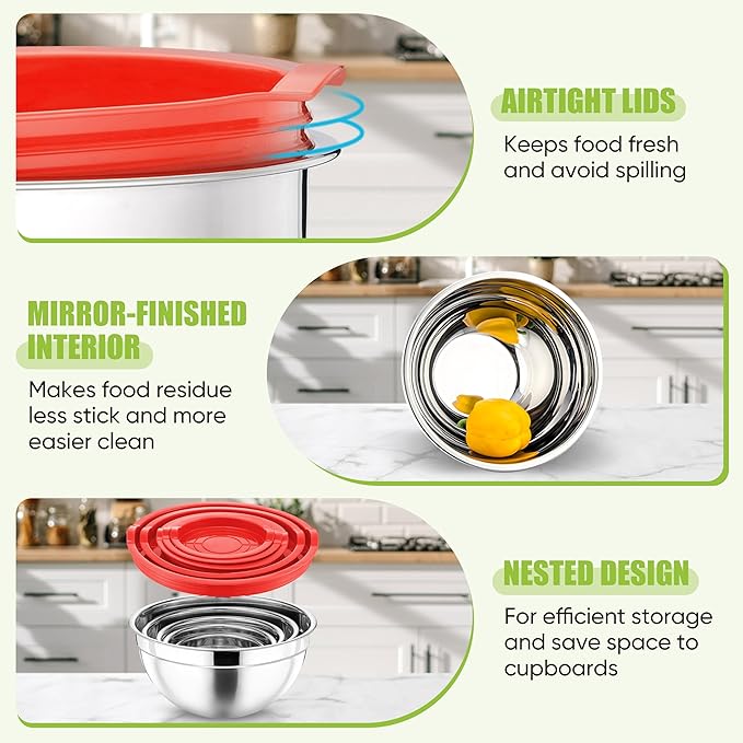P&P CHEF Mixing Bowls with Airtight Lids Set of 5, 10-Piece Stainless Steel Mixing Nesting Bowl, Metal Bowl with Lid for Kitchen Prepping & Storing, Size 4.6, 3, 1.5, 1, 0.7 QT, Red