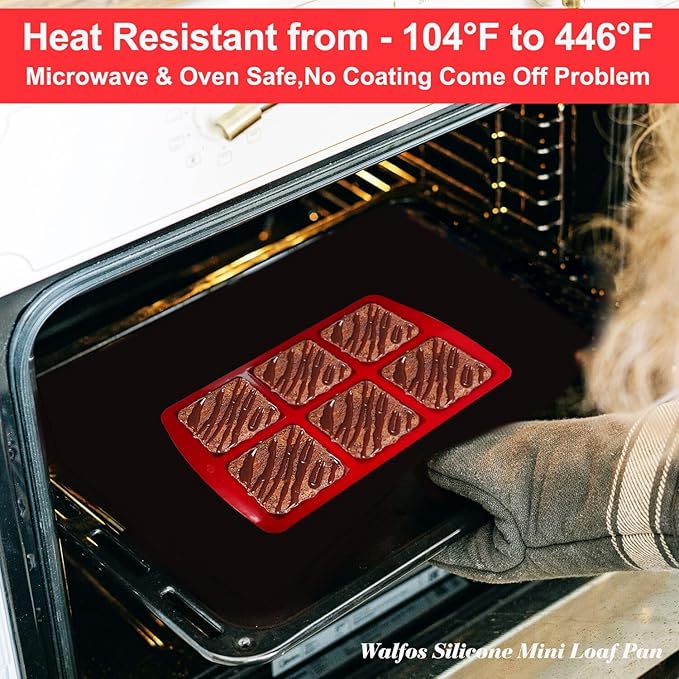 Walfos Mini Silicone Brownie Pan - 2 Piece 6-Cavity Non-stick Square Baking Pan, Perfect for Mini Brownies, Cornbread, Muffin and Cakes, BPA Free and Dishwasher Safe