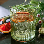 Kate Aspen Retro Arch Floral Green Drinking Glasses Set of 6-10 oz Vintage Beaded Glassware, Textured Water & Cocktail Cups, Holiday Drinkware, Christmas Gift Glass Set, Hostess or Holiday Gift