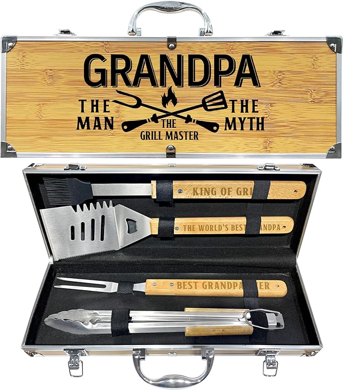 Grandpa Gifts from Grandkids Fathers Day, Grandpa Gift Heavy Duty Wooden BBQ Grilling Accessories Kit for Backyard, Thick Stainless Steel Grill Utensils with Non-Slip Handle Tools in Portable Bag