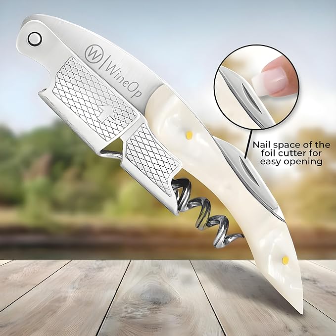 WineOp Professional Wine Opener Luxury Double Hinged Waiter's Corkscrew Wine Bottle Key - Cork screwer for Servers, Bartenders, Sommelier and Home Use | All-In-One Stainless Steel (White Resin)