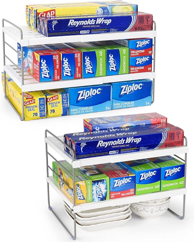 2 Pack Expandable Kitchen Wrap Organizer Rack, Height & Width Adjustable Aluminum Foil and Plastic Wrap Organizer for Pantry, Cabinet Food Wrap Organization and Storage - (3 Tier 9.8 to 15.6"L)