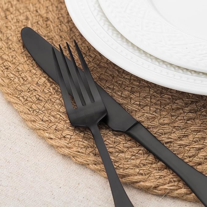 Alata Kate Black Satin 40-Piece Silverware Set, Service for 8, Stainless Steel Flatware Set, Matte Polished Cutlery Set, Dishwasher Safe
