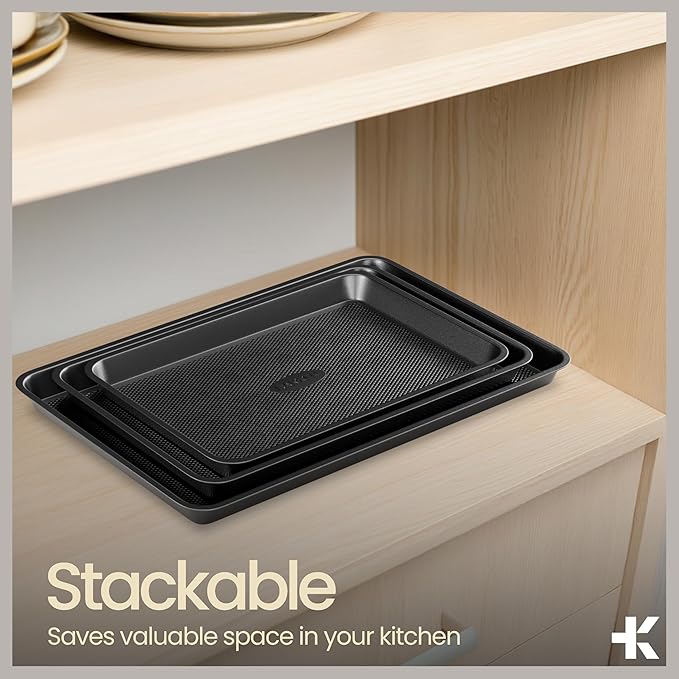 Diamond Bottom Cookie Sheet Set of 2, Nonstick Gray Carbon Steel Baking Pans for Crisp Baking, Space-Saving Stackable Trays, PFOA, PFOS, PTFE Free, Oven Safe Up to 450°F, Small & Medium Pans