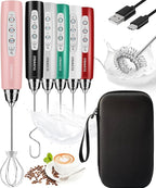 YUSWKO Rechargeable Milk Frother Handheld Frother Wand Drink Mixer for Coffee, Electric Whisk 3 Speed Adjustable, Coffee Foamer Maker with 3 Stainless Whisks Ideal Stirrers for Travel - Pink