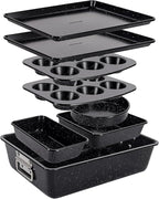 NutriChef 8-Piece Stackable Bakeware Set - Carbon Steel Non-Stick Baking Pan Set, Sheet, Muffin, Round, Loaf, Square Cake & Deep Pans, 450°F Heat Resistant, Standard & Convection Ovens (Black Marble)