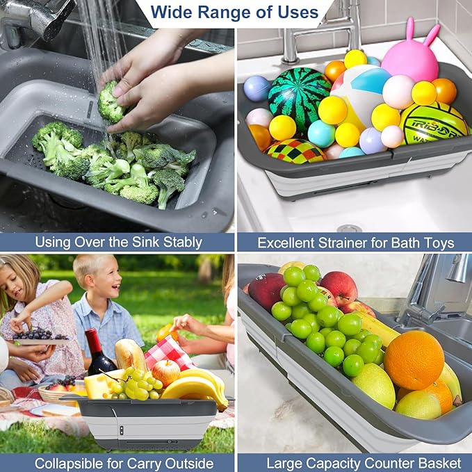 ROTTOGOON Collapsible Colander Strainer, Expandable Over the Sink Colander for Kitchen, Adjustable Silicone Sink Strainer, Foldable Large Colanders Basket to Wash Vegetable, Fruit, 15" to 19.8", Gray