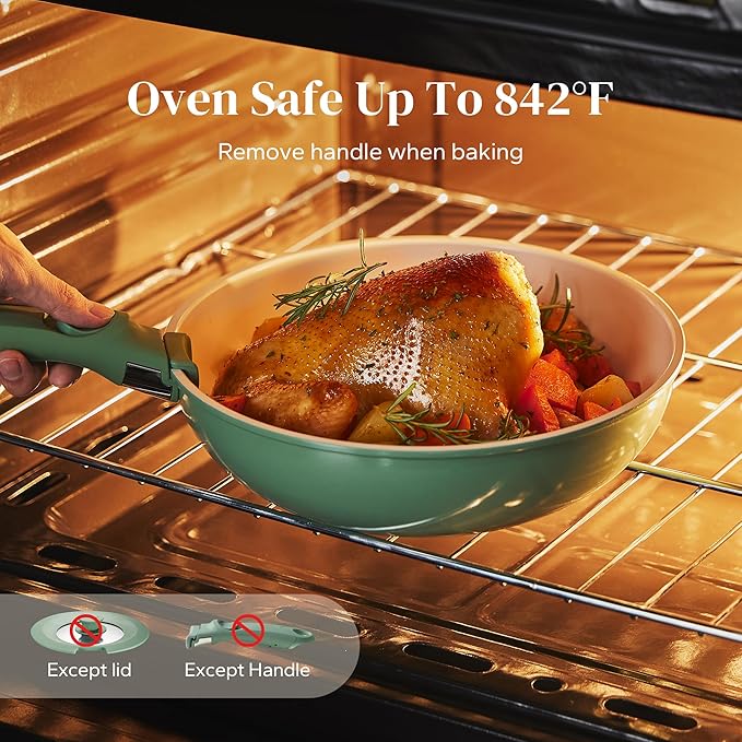 Redchef Ceramic Cookware Set, Removable Handle Pots and Pans Non-Stick, Rv Cookware Set, Non-Toxic Pots and Pans Set No PFAS, PTFE, PFOA, Detachable Pots and Pans, Dishwasher & Oven Safe (Green)