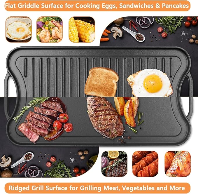 Reversible Cast Iron Griddle Plate for Gas Grill, Stovetop Grill Pan for Electric Stove, Pre-Seasoned Grill Griddle Pan for Gas Stove Top 2 Burner, Extra Large Stove Top Grill Plate 20" x 10.5"