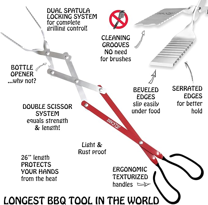 BBQCroc 3-in-1 Barbecue Tool 26-inch Extra Light and Super Long Heavy Duty Tongs, Spatula and Grill Scraper (Red) – Longest BBQ Tool Ever!