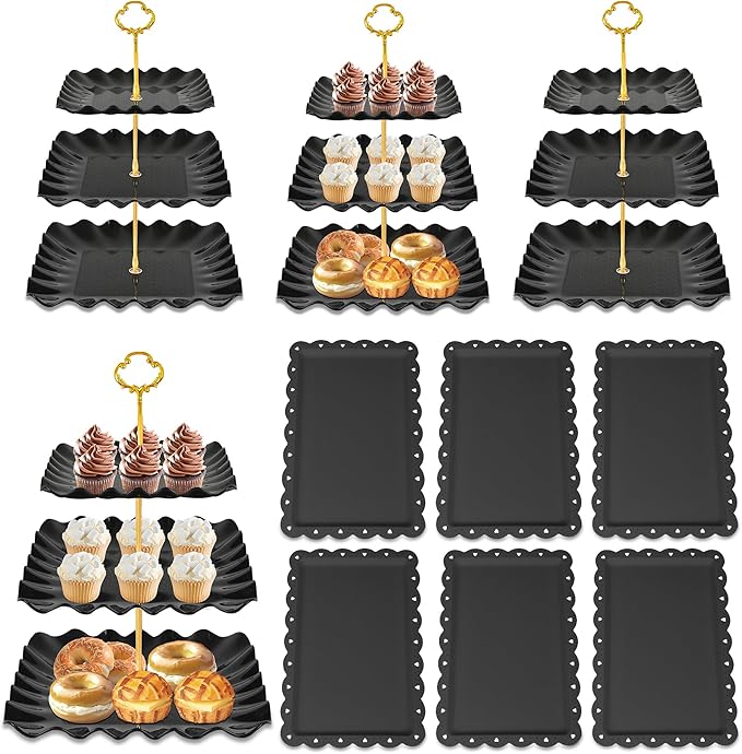 10 Pack Dessert Table Display Set - 4 x Three-Tier Square Cupcake Stands and 6 x Serving Trays, Elegant Tableware for Cakes, Cupcakes, Pastries, and Snacks, Perfect for Parties (Black)