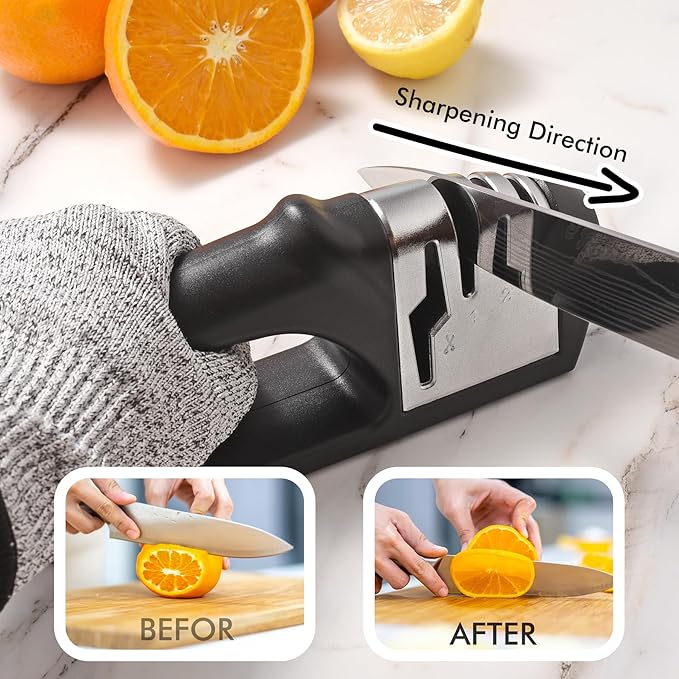 HOTEC 4in1 Knife Sharpener, 3 Stage Manual Sharpener for Sharpening Kitchen Knives 1 Stage for Scissors- Ceramic Stone, Tungsten Carbide Plates, Diamond rods