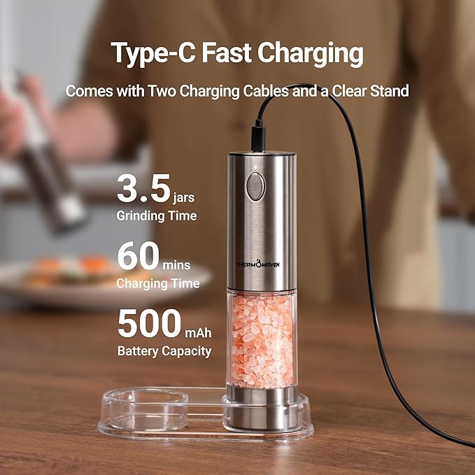ThermoMaven Electric Salt and Pepper Grinder Set, 110ml Larger Rechargeable Automatic Salt and Pepper Mill Grinder with 6 Adjustable Coarseness, Electric Salt and Pepper Shakers, LED, White Sand