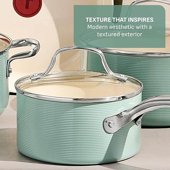 T-Fal Inspire Nonstick Ceramic Cookware Set, 10-Piece, Oven Safe to 500°F, Stockpot, Ceramic Pots and Pans Set, Frying Pans, Saucepans, Stockpot, Protectors, Mint Green