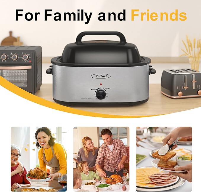 Sunvivi Roaster Oven, Electric Roaster Oven with Viewing Lid, 30lb 26-Quart Turkey Roaster with Unique Defrost/Warm Function, Large Roaster with Removable Pan & Rack, Stainless Steel, Silver