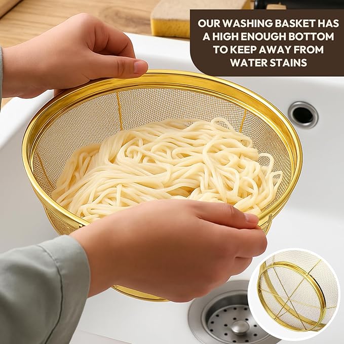 Baderke 3 Pieces Stainless Steel Gold Colander Metal Strainer with Handle Pasta Gold Colander for Kitchen Draining Pasta Rinsing Vegetables Rice Food, 3 Sizes (1.5-3-5 Quart,Novel)