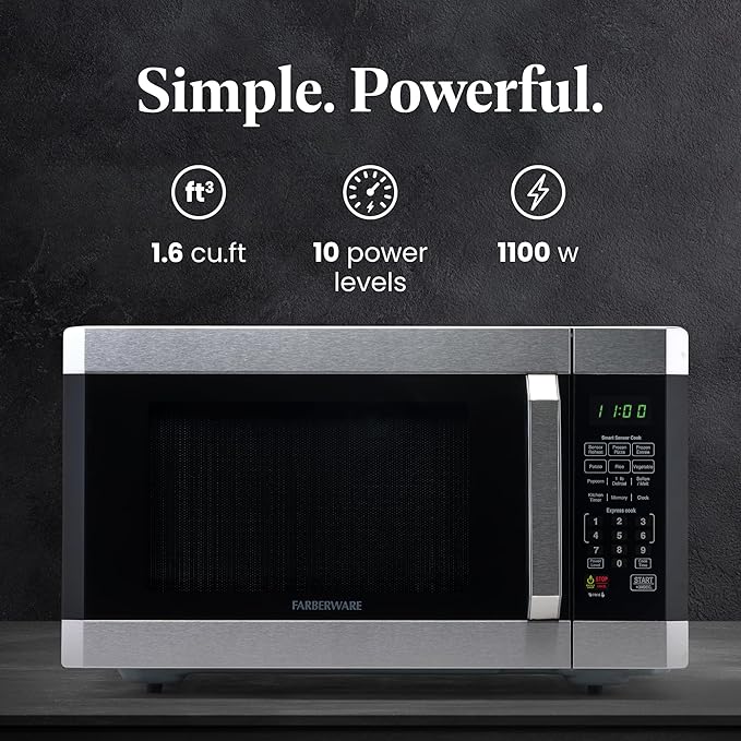 Farberware 1.6 Cu. Ft. Countertop Microwave Oven – 1100 Watts Power, Smart Sensor Auto Cook Settings, Defrost, Easy Clean and Child Safety Lock - Stainless