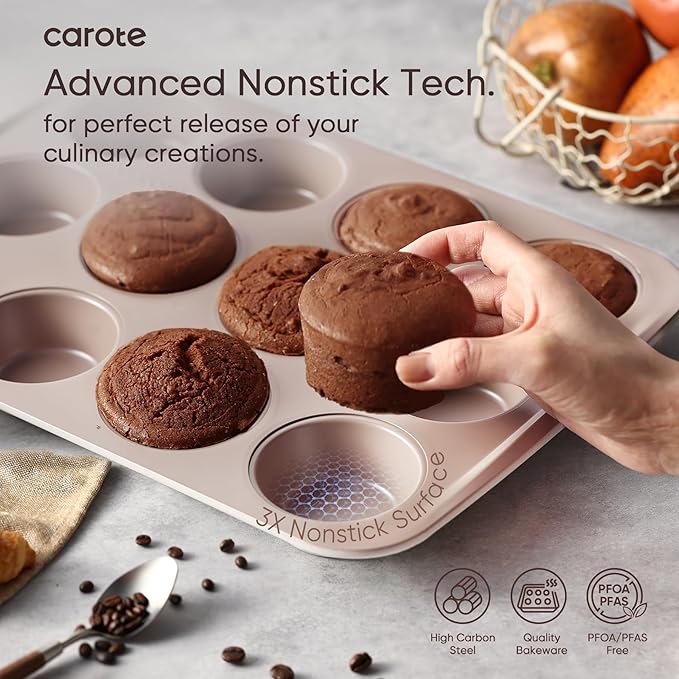 CAROTE 7-Piece Nonstick Stackable Baking Pans Set - Bakeware Sets Including Cookie Sheets for Baking, Muffin Pan, Bread Pan, Cake pan, Loaf Pan, Roasting Pan, Gray & Khaki