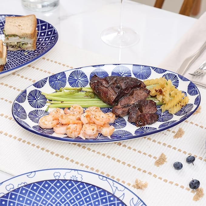 Selamica Serving Platters Ceramic, 12 Inch Serving Dishes for Party Entertaining, Oval Serving Plates for Sandwich, Appetizer, Fruit, Microwave Dishwasher Safe, Set of 4, Vintage Blue
